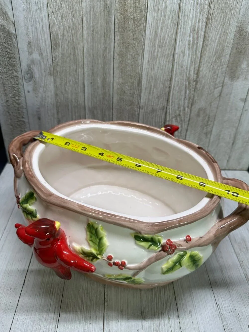 Vtg Cardinal & Berries Holly Serving Bowl Dish Holiday Decor Ceramic 11.5